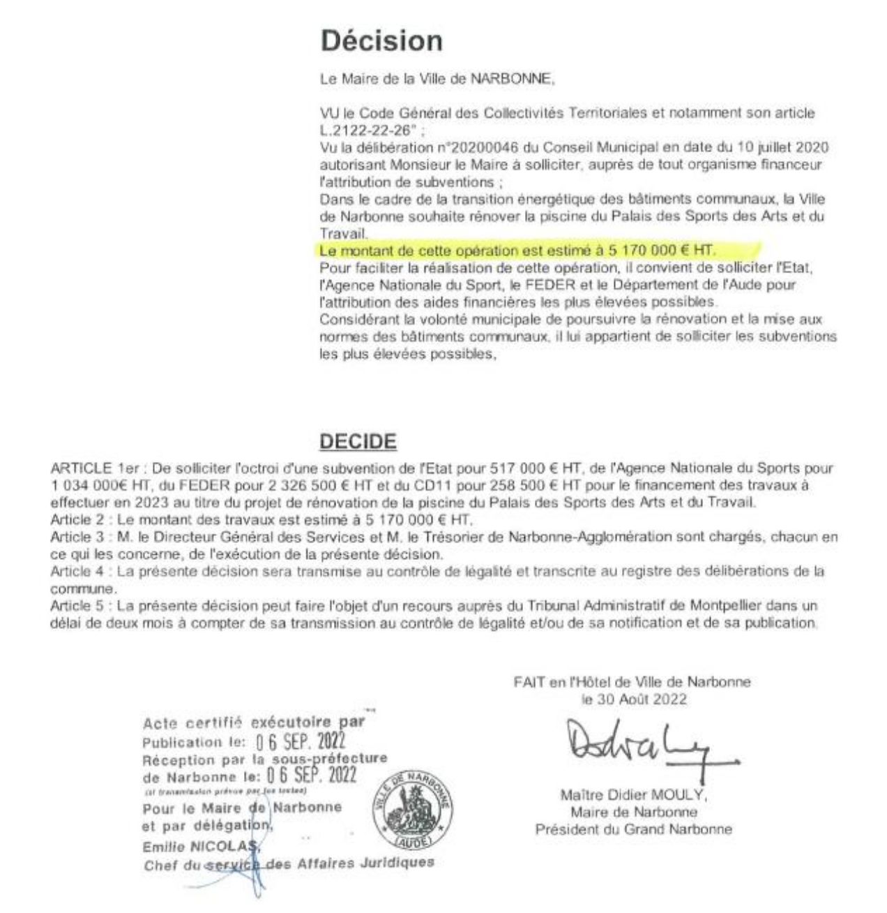 Décision du maire – rénovation piscine – 2022